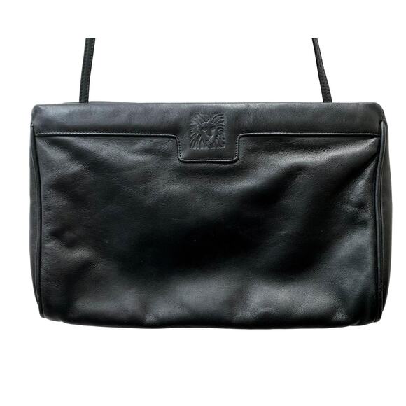 70s 80s Anne Klein Black Leather Shoulder Bag w Lion Face Logo - Picture 2 of 10